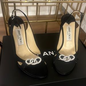Jimmy Choo Black Satin Slingback Heels with Crystal Buckle